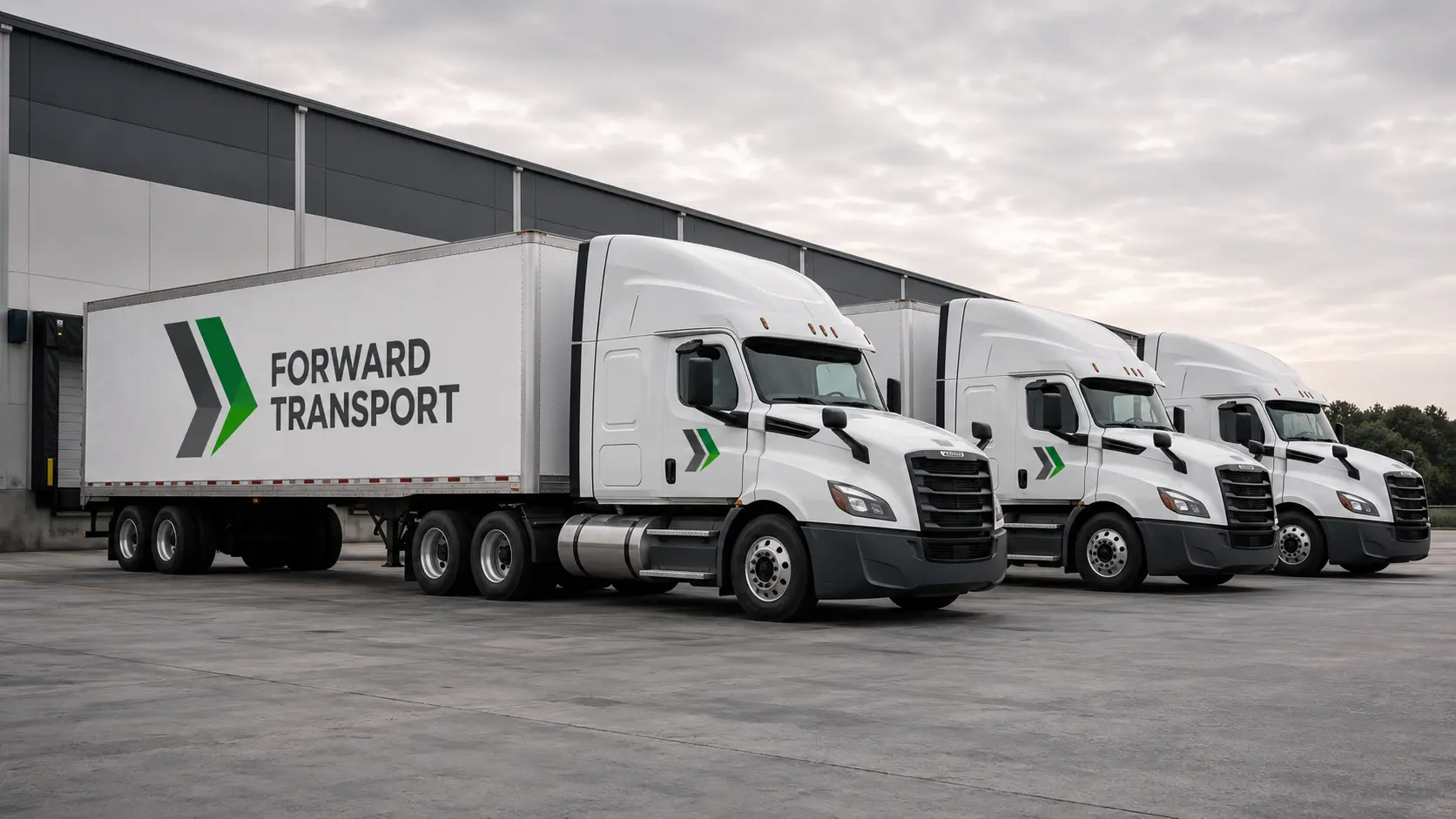 Row of Forward Transport trucks with matching branding in a fleet yard